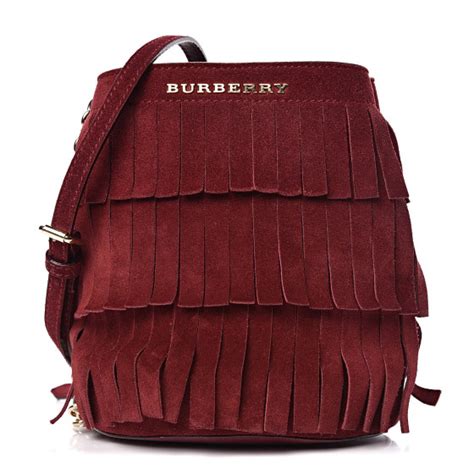 BURBERRY Suede Fringe Mini Bucket Bag Cherry